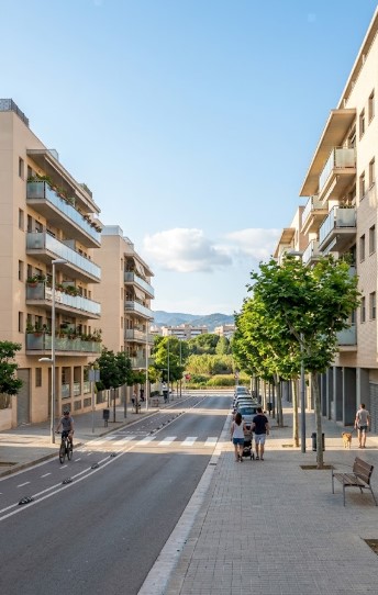 Vistas de las calles, bloques residenciales y zonas verdes del barrio de La Ribera en El Prat de Llobregat